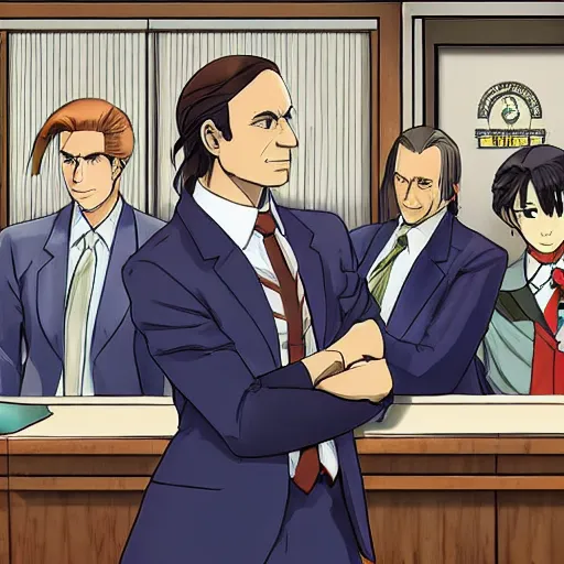 Image similar to Saul Goodman in ace Attorney as Phoenix Wrig, in a courtroom, anime