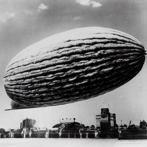 Prompt: footage of the Hindenburg, Hindenburg made of watermelon. Black and white photography