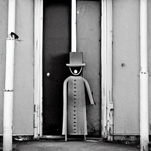 Prompt: the Babadook standing across the street, photograph, black and white