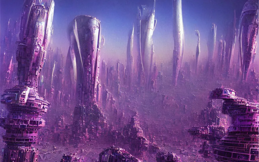 Image similar to a futurist cybernetic purple city, future perfect, award winning digital art by alan bean and bruce pennington