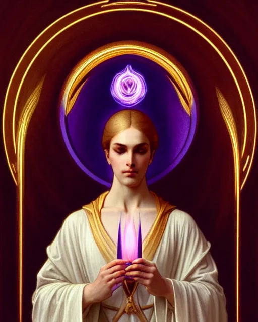 Image similar to symmetry portrait of saint germain holding a violet flame, intricate, elegant, highly detailed, digital painting, artstation, concept art, smooth, sharp focus, illustration, art by artgerm and greg rutkowski and fra angelico and alphons mucha