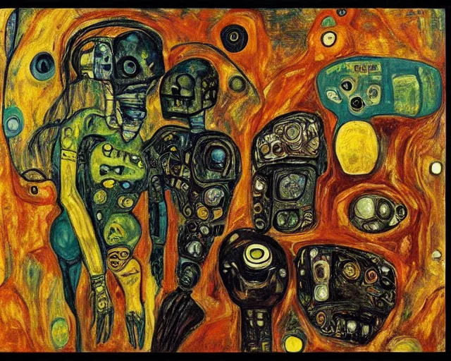 Prompt: a painting of a aliens and robots by graham sutherland, egon schiele, gustav klimt!, expressionism