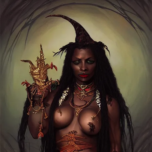 Prompt: Dark Fantasy Painting of a voodoo witch with a sinister evil look on her face, upper body, intricate, wild, highly detailed, digital painting, artstation, concept art, smooth, sharp focus, illustration, art by artgerm and greg rutkowski and alphonse mucha