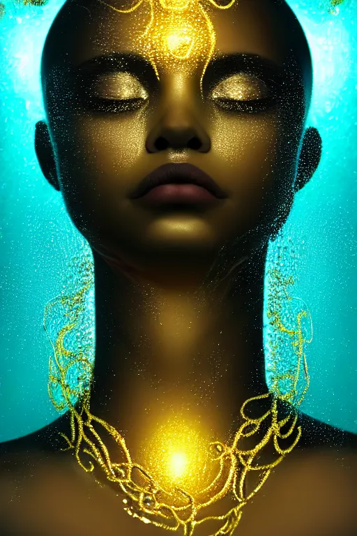 Image similar to hyperrealistic postrococo cinematic very expressive! black oshun goddess, open eyes, in water up to her shoulders, mirror dripping droplet!, gold flowers, highly detailed face, digital art masterpiece, smooth eric zener cam de leon dramatic pearlescent teal light, ground angle uhd 8 k, sharp focus