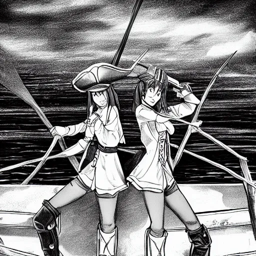 Prompt: two beautiful female pirate captains in a stand off from their boats, detailed anime art