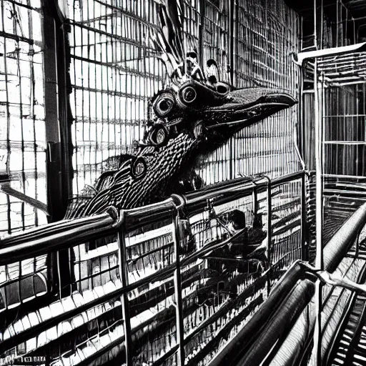 Prompt: scientists studying quetzalcoatl locked in a cage in a warehouse, 1 9 8 0's scifi, black and white, 8 k, highly ornate intricate details, extreme detail, punk xerox, lofi