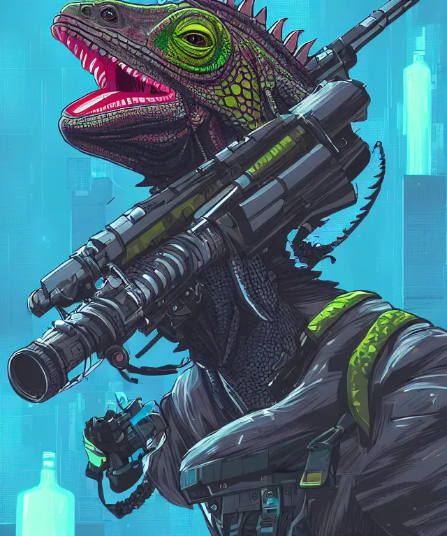 Prompt: a portrait of an anthropomorphic iguana holding a bazooka, cyberpunk!, fantasy, elegant, digital painting, artstation, concept art, matte, sharp focus, illustration, art by josan gonzalez