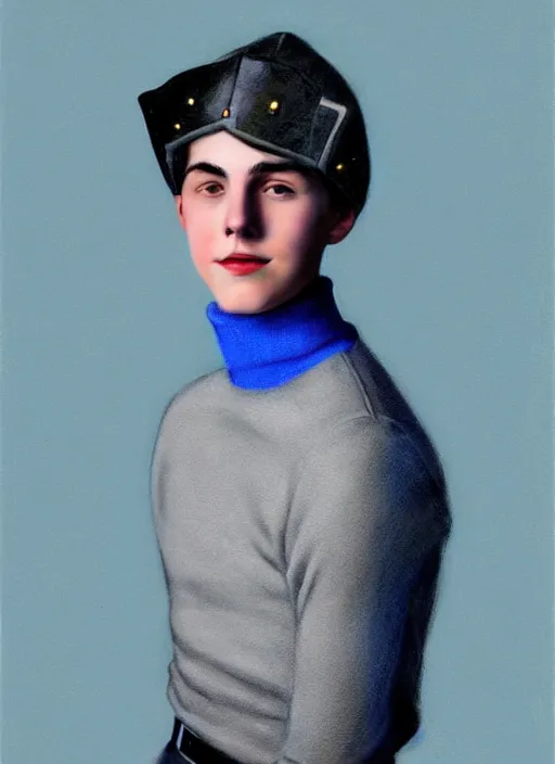 Image similar to portrait of teenage jughead jones wearing a light grey crown, crown, blue turtleneck, 1 9 5 0 s, closed eyes, photorealistic, black hair, glowing lighting, intricate, elegant, glowing lights, highly detailed, digital painting, artstation, concept art, smooth, sharp focus, illustration, art by wlop, mars ravelo and greg rutkowski