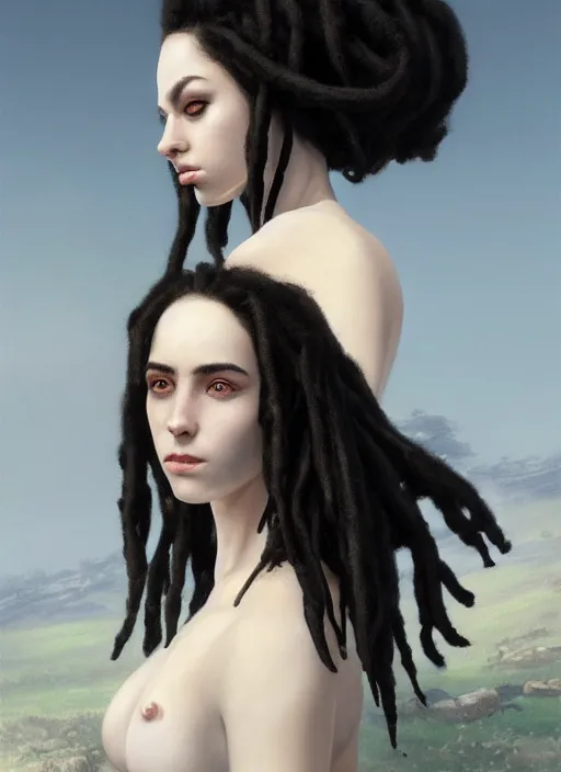 Prompt: girl with pale white skin and black dreadlocks, beautiful highly detailed face, complementary lighting, backlit, black eyeshadow, dark eyes, adventure, dramatic lighting, landscape background, beautiful painting by artgerm and greg rutkowski and raymond swanland