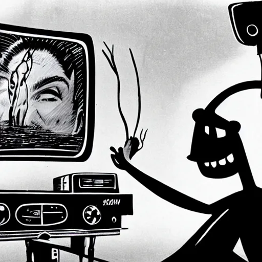 Prompt: a subgenius getting an electric shock fixing a television and seeing an alien on the tv. acrylic paining. 1 9 5 2