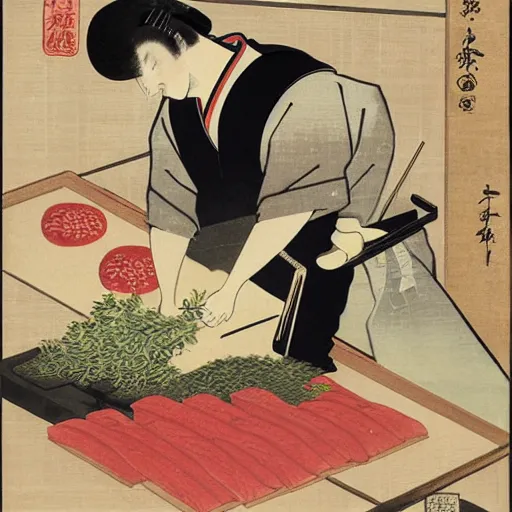 Prompt: angry handsome japanese butcher slices up parsley with a tabby cat sitting next to him, vintage, painting by utamaro