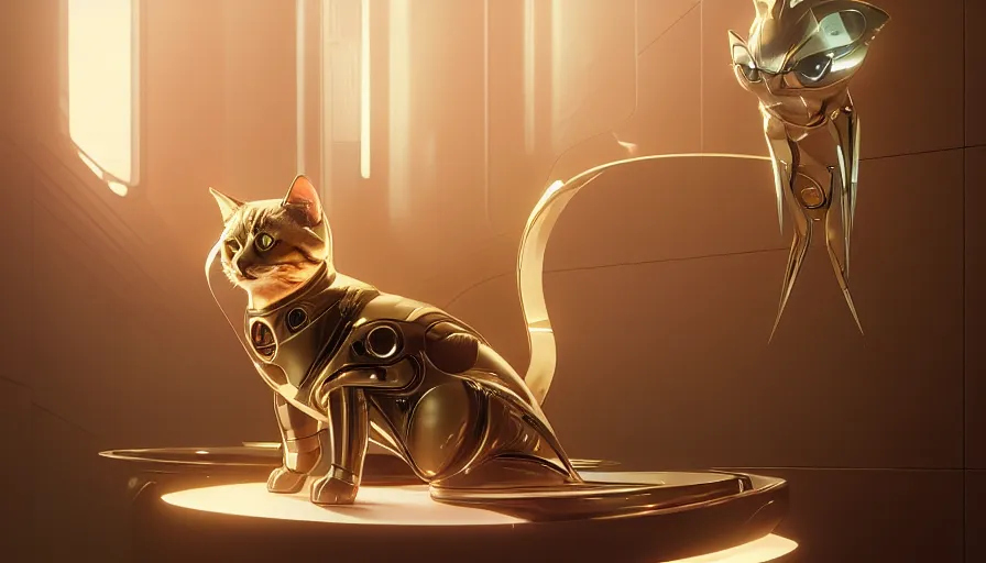 Image similar to product photo of a futuristic luxurious feline pet robot by artgerm and greg rutkowski and alphonse mucha, zaha hadid, cat dog teddy mix, volumetric light, detailed, octane render, midsommar