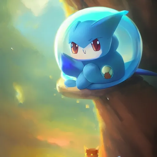 Image similar to cinematic portrait of cute Mew riding large blue bubble, oil on canvas in the style of Pokemon, epic masterpiece, trending on artstation, featured on pixiv, cinematic composition, dramatic pose, beautiful lighting, sharp, details, hyper-detailed, HD, HDR, 4K, 8K