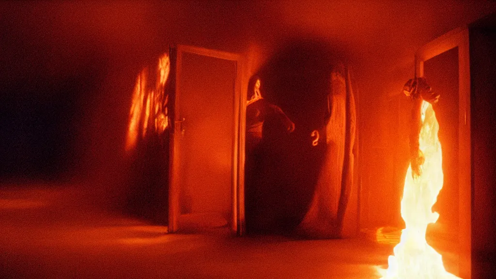 Image similar to the strange creature in the closet, made of fire and wax, film still from the movie directed by Denis Villeneuve with art direction by Salvador Dalí, wide lens