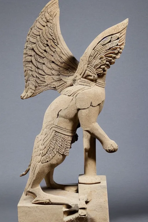 Image similar to a stone sculpture of a winged panther sitting on a pedestal with intricate carvings and fine detail