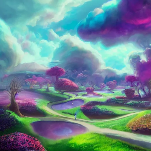 Image similar to landscape of an alice and wonderland themed landscape, purple clouds look the sky, dynamic lighting, fantasy concept art, trending on art station, stunning visuals, creative, cinematic, ultra detailed