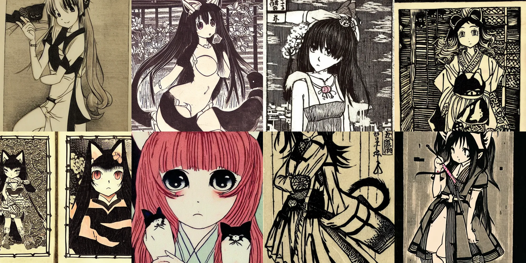 Prompt: cute anime catgirl, japanese and european woodcuts