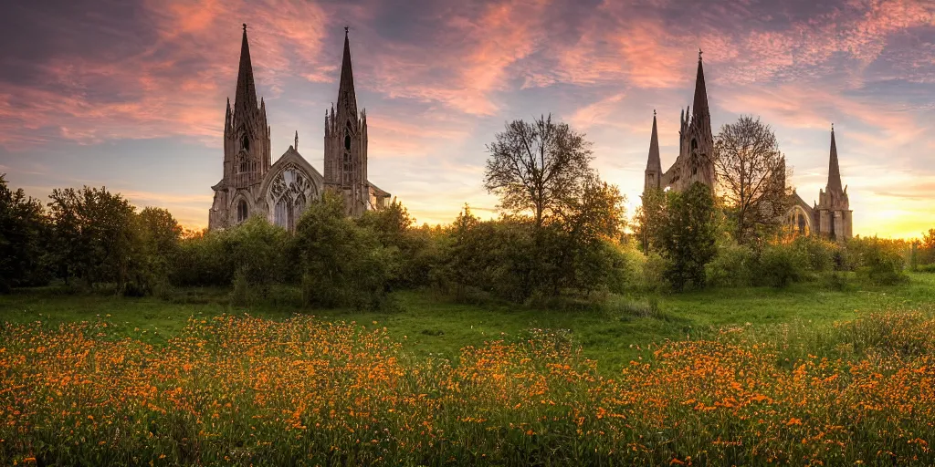 Prompt: a recursive cathedral made of mirrors within a wildflower meadow at dawn