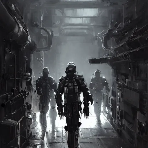 Image similar to concept art by greg rutkowski, soldiers in white and black futuristic tactical gear, running through the corridors of the ship, claustrophobic and futuristic, brutalistic environment, scifi, detailed and intricate environment, high technology, highly detailed portrait, digital painting, artstation, concept art, smooth, sharp foccus ilustration, artstation hq.