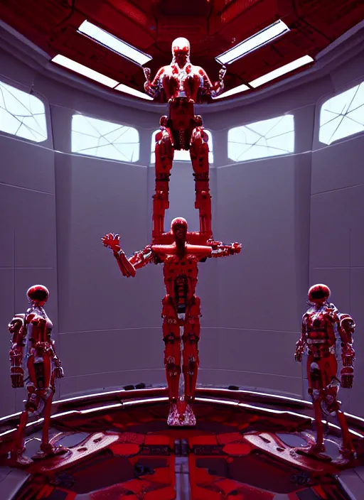 Image similar to , high detailed space station interior, a statue jesus on cross made of red marble, perfect symmetrical body, full body shot, white biomechanical, wearing epic bionic cyborg implants, masterpiece, intricate, biopunk, vogue, highly detailed, artstation, concept art, background galaxy, cyberpunk, octane render