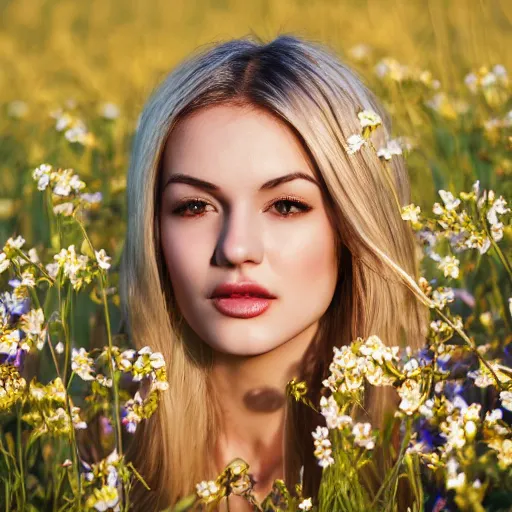 Prompt: photo of very attractive very beautiful very slim blonde girl ,face close-up,20years old,spotless skin,in a flowery field,very high detail,sharp, 35mm art lense, award winning, magazine cover, golden hour