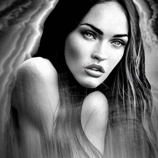 Prompt: double - exposure effect of megan fox face blended in beautiful mountains, in the style of dan mountford, amazing detail, black and white