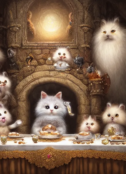 Image similar to highly detailed group closeup portrait of cute fluffy animals having a banquet in a castle, unreal engine, nicoletta ceccoli, mark ryden, earl norem, lostfish, global illumination, god rays, detailed and intricate environment