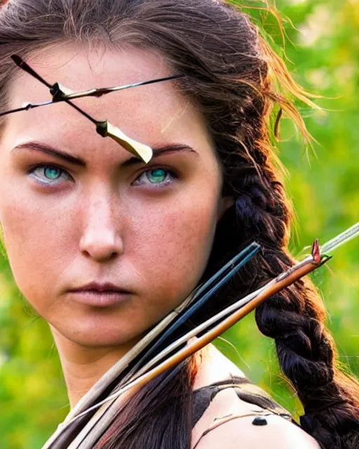 Image similar to photo of world, women with a bow and arrow, female archer, warrior, realistic face