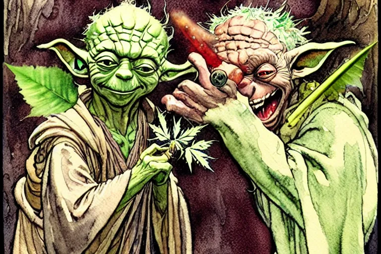 Image similar to a realistic and atmospheric watercolour fantasy character concept art portrait of yoda with bloodshot eyes laughing holding a blunt with a pot leaf nearby, by rebecca guay, michael kaluta, charles vess and jean moebius giraud