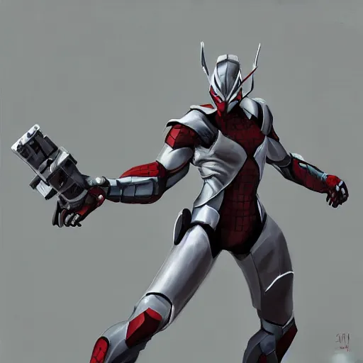 Image similar to greg manchess portrait painting of armored spiderman ultraman grey fox from metal gear cyborg gay japanese - american hybrid as overwatch character, medium shot, asymmetrical, profile picture, organic painting, sunny day, matte painting, bold shapes, hard edges, street art, trending on artstation, by huang guangjian and ail elvgren and sachin teng