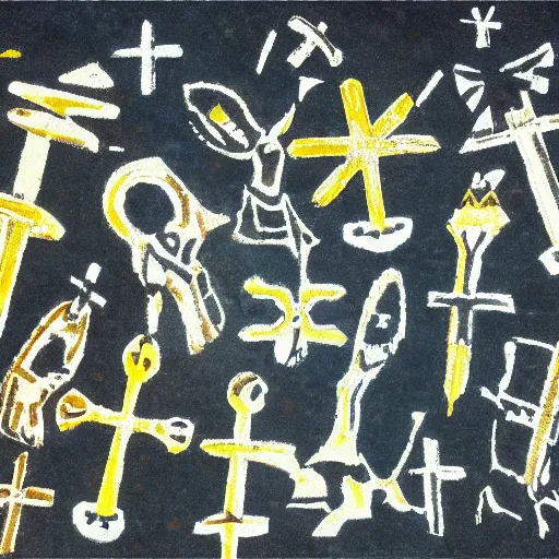 Prompt: cave painting, ultra hd, depiction of crosses and ufos, very detailed