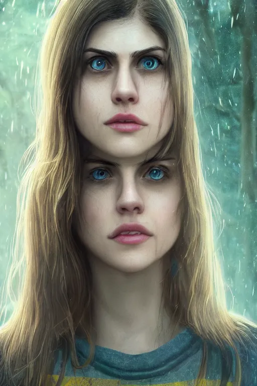 Prompt: Alexandra Daddario as Annabeth Chase, magical, forest, evening, yellow mist, Percy Jackson, symmetrical face, large eyes, pale, hyper realistic, digital art, octane render, trending on artstation, artstationHD, artstationHQ, unreal engine, 4k, 8k