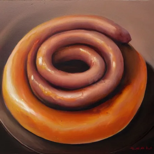 Prompt: an oil painting of a thick greasy sausage
