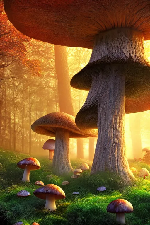 Prompt: A mushroom forest with monsters roaming around beautiful lighting during golden hour by Rob Steen. 28mm, f/1.8, Realistic details. V-ray. Professionally colour graded. Concept art. Vibrant colours. fog