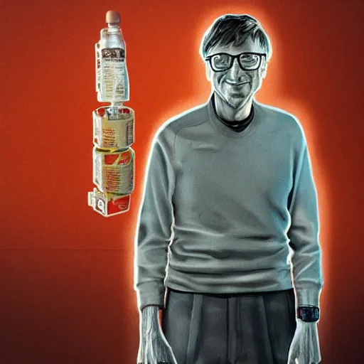 Image similar to bill gates full body portrait, piles of syringes behind him, body horror, by junji ito and francis bacon, hunter s thompson feeling of grimdark, sharp focus, fiction, hyper detailed, digital art, trending in artstation, cinematic lighting, studio quality, smooth render, unreal engine 5