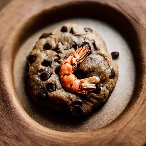 Image similar to a 5 0 mm macro shot of a chocolate chip and prawn cookie