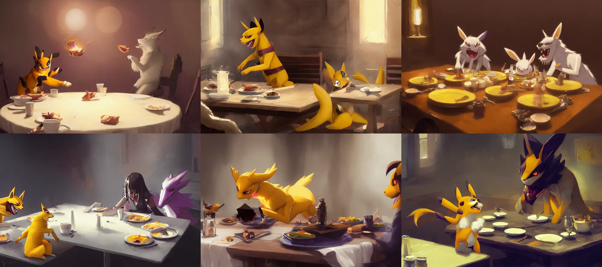 Prompt: renamon eating dinner at a table happiness is temporary by greg rutkowski