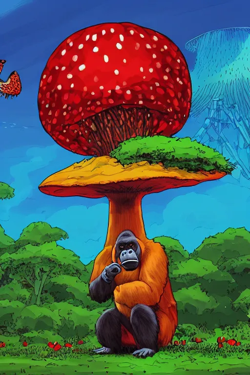 Image similar to gorilla at a concert holding a amanita muscaria, sunshine, by alba ballesta gonzalez and moebius. 4 k wallpaper, digital flat 2 d, japan animation, comic book, illustration, cinematic lighting, smooth sharp focus.