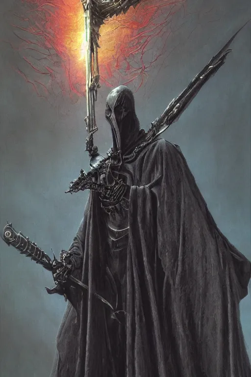 Image similar to Distorted god knight with face of Nicolas Cage in dark robe with a giant reaper scythe, dark fantasy, intricate, highly detailed, smooth, artstation, painted by Wayne Barlowe, zdislav beksinski, Francis Bacon