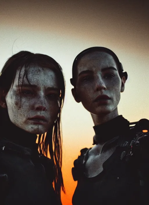 Image similar to cinestill 5 0 d photographic portrait of two loving female androids wearing rugged black techwear on a desolate plain with a red sky in front of a brutalist structure, extreme closeup, cyberpunk style, dust storm, 8 k, hd, high resolution, 3 5 mm, f / 3 2, ultra realistic faces, ex machina