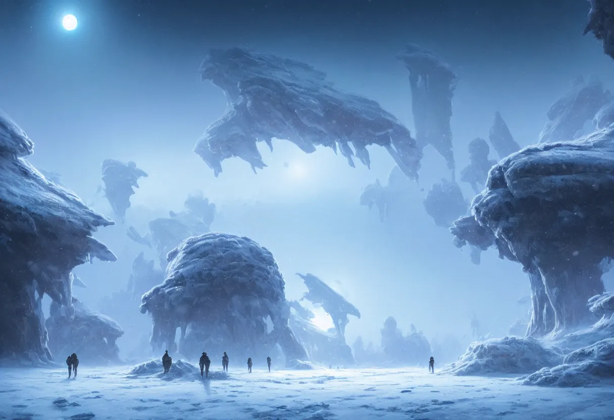 Image similar to ground level view of the frozen winter alien planet with morning fog, ultra high definition, ultra detailed, matte painting, by greg rutkowski and ross tran and wlop