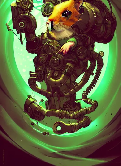 Prompt: style artgerm, joshua middleton, illustration, anthropomorphic hamster steampunk cyborg arms, green fur, swirling water cosmos, fantasy, dnd, cinematic lighting