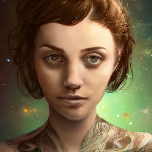 Image similar to a portrait photo of a young woman with medium - short brown hair, an intricate dress, and green eyes, floating in space, trending on artstation