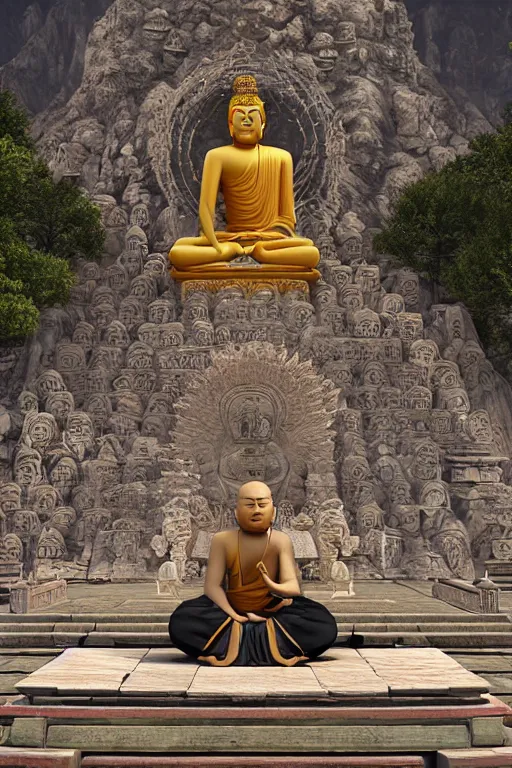 Prompt: a epic boss maitreya buddha 弥 勒 佛 sitting on a lotus platform 莲 花 台, in the center of buddha temples, zbrush, unreal engine, rendering by octane, epic stunning atmosphere, cyberpunk hi - tech, inspired by sekiro, by zhelong xu, michael whelan, jean leon gerome