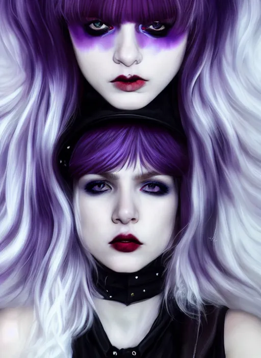 Image similar to portrait of white teenage girl, normal face, white bangs, mall goth, cyberlox, black and white hair, bangs, fluffy bangs, red contact lenses, purple lipstick, intricate, elegant, highly detailed, digital painting, artstation, concept art, sharp focus, smooth, illustration, art by wlop, mars ravelo and greg rutkowski