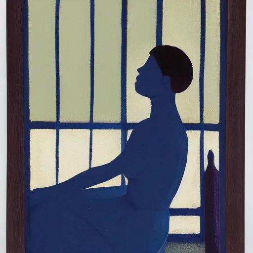 Image similar to A kinetic sculpture of a beautiful young woman seated at a window, looking out at the viewer with a serene expression on her face. The light from the window illuminates her features & creates a warm, inviting atmosphere. The essence of beauty and tranquility. dark blue by George Ault delicate, ghostly