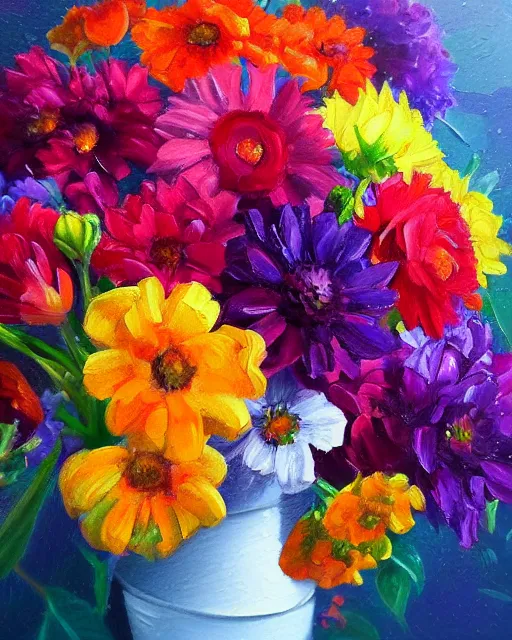 Prompt: oil on canvas illustration of the most beautiful bouquet of flowers, colorful, artstation, deviantart, pinterest, 5 0 0 pc