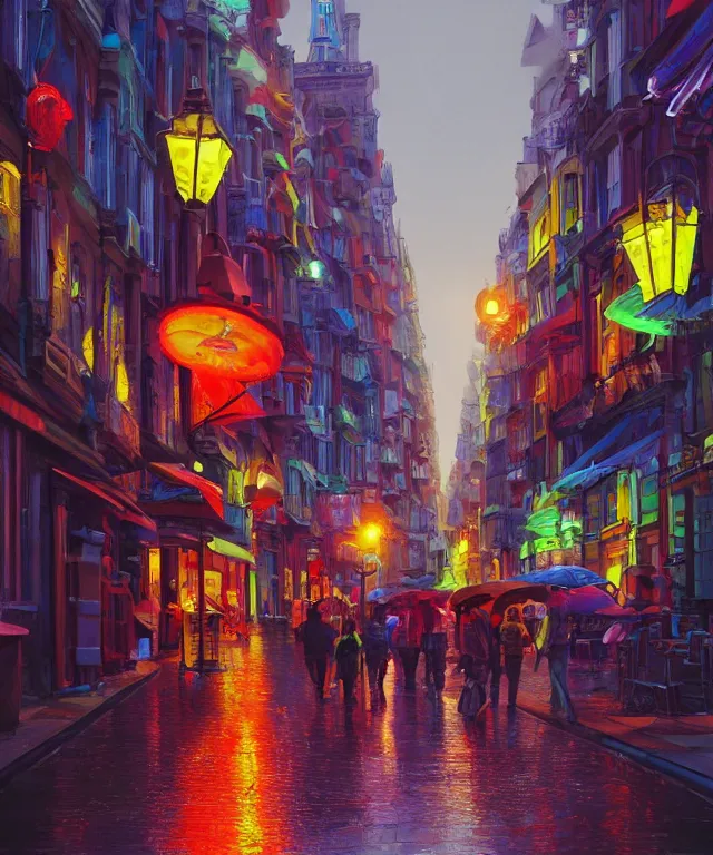 Image similar to insane perspective of colorful street sidevue from brussel with big red robot waiting, realistic shaded , humid ground, artstation, painting by moebius, disney fantasy style, people and creatures walking , volumetric light, neon lights, science fiction elements, lampposts, rainy mood
