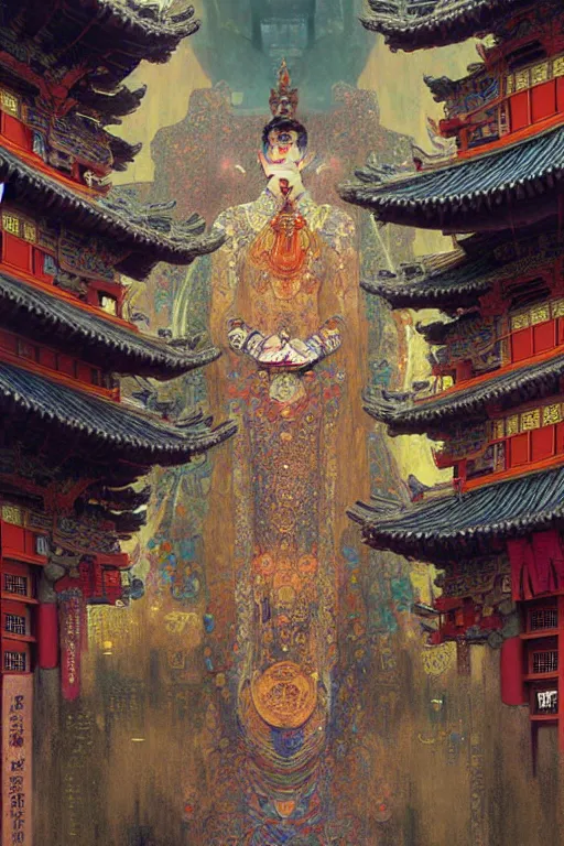 Image similar to cyberpunk chinese ancient castle, fantasy, painting by Gustav Klimt, greg rutkowski and alphonse mucha