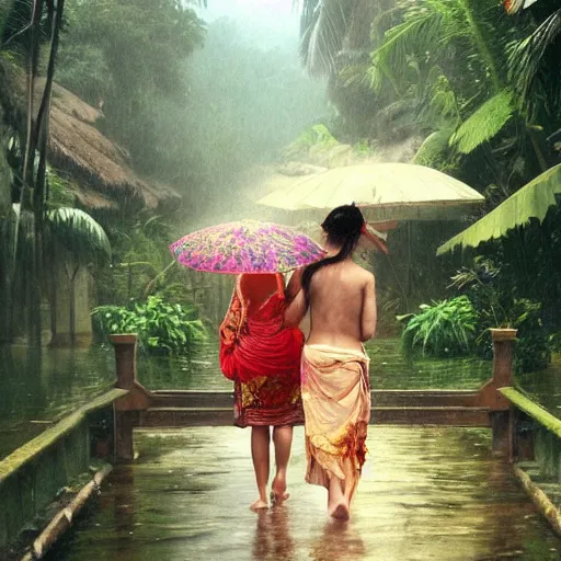 Prompt: monsoon on tropical island, attractive oriental woman, ornate, beautiful, atmosphere, vibe, mist, coconuts, rain, wet, pristine, puddles, melting, dripping, snow, creek, lush, ice, bridge, forest, roses, flowers, by stanley artgerm lau, greg rutkowski, thomas kindkade, alphonse mucha, loish, norman rockwell